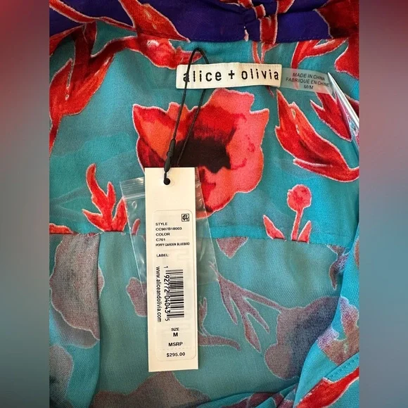 NWT ALICE + OLIVIA Sheer Floral Poppy Garden BlueBird Blouse with Neck Tie - Picture 13 of 16
